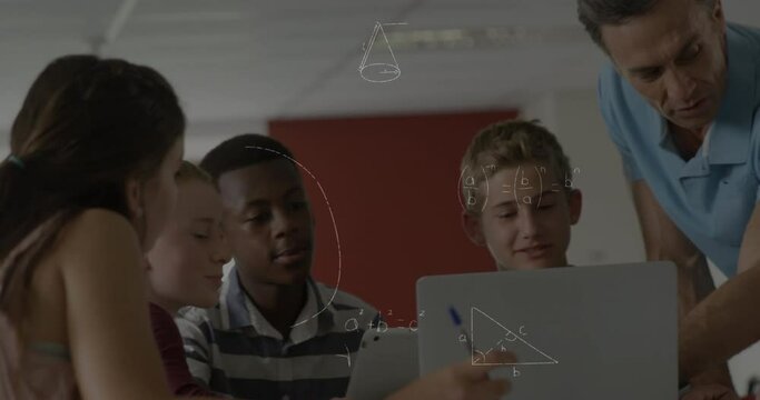 Animation of mathematical equations over school children and male teacher using laptop in classroom
