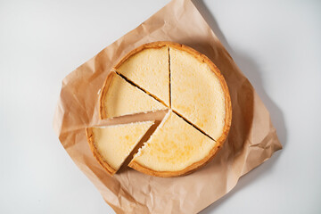 Sweet cheese cake on white background