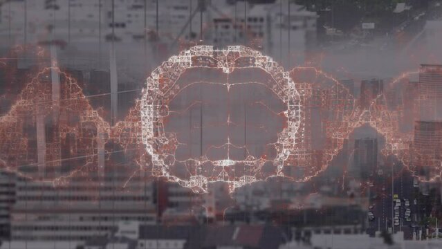 Animation of human brain over cityscape
