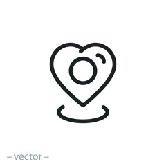 Obraz premium location point with heart on the map icon, love pin, gps pointer, thin line symbol on white background - editable stroke vector illustration