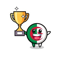 Cartoon Illustration of algeria flag is happy holding up the golden trophy
