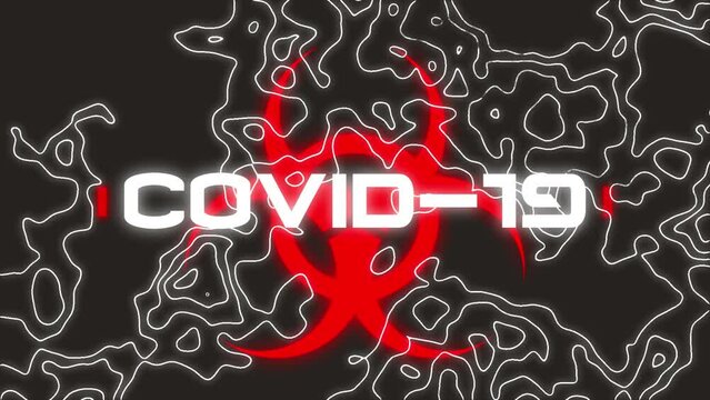 Animation of covid 19 text over warning sign on black background