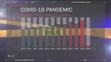 Animation of falling covid 19 text over statistics on black background