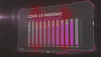 Animation of covid 19 statistics over warning sign on black background