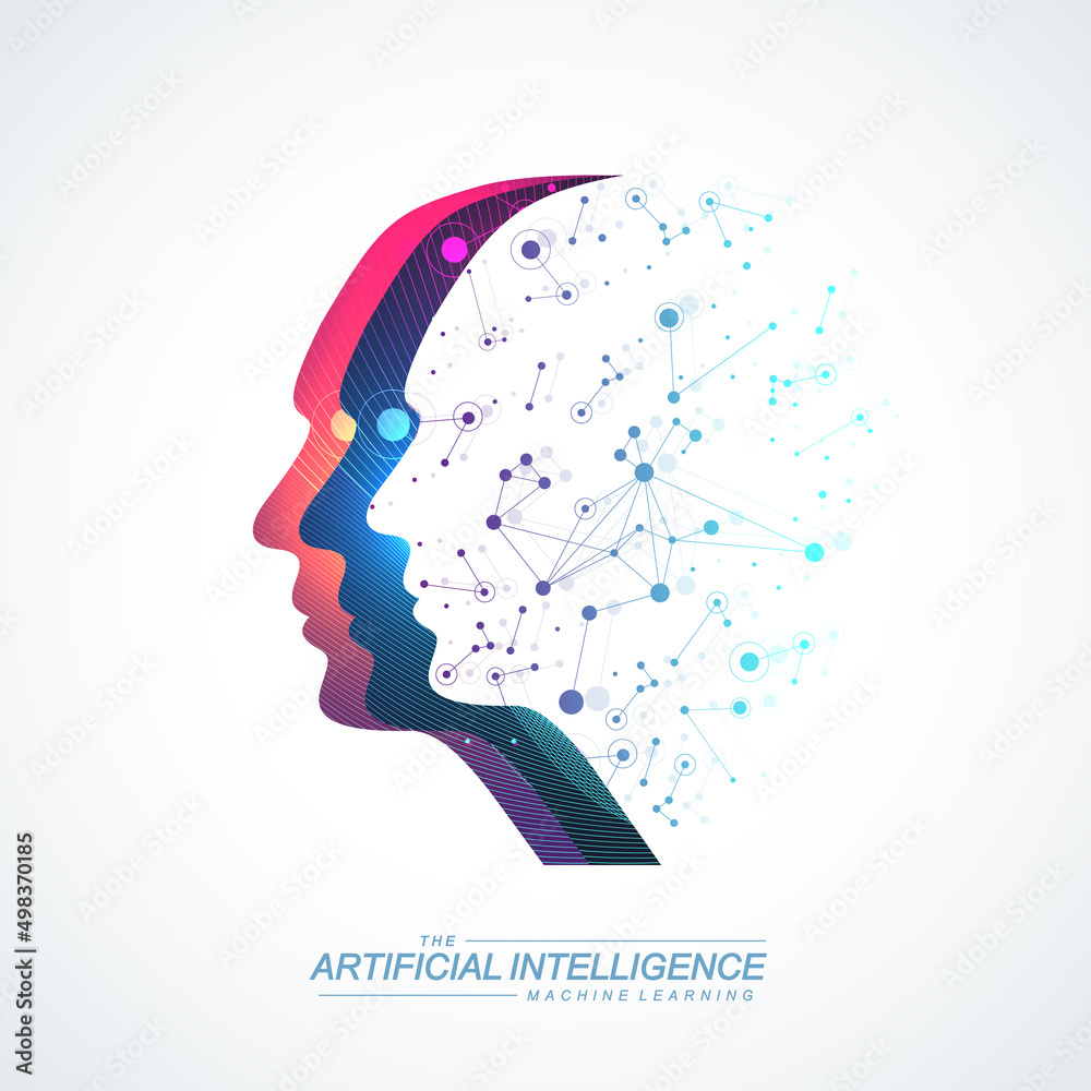 Poster Artificial intelligence concept. Machine Learning. Digital Brain. Neural Networks and Learning Processing Big Data. Data flow background. Vector illustration