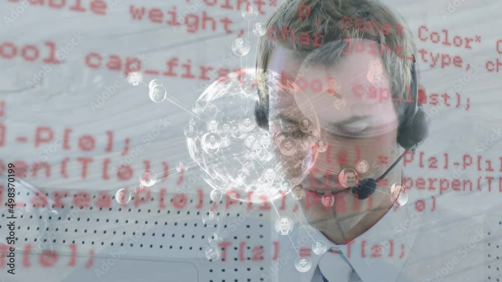 Poster animation of globe and data processing over business man using phone headset