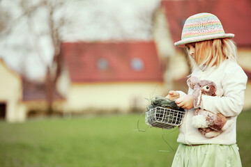 Little girl collecting dyed eggs on Easter egg hunt, on country farm, outdoor