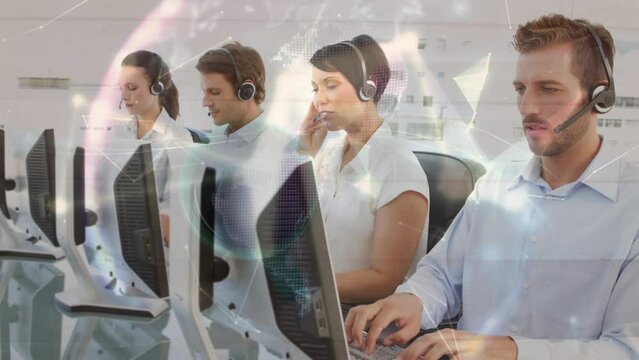 Animation of globe over business people using phone headsets
