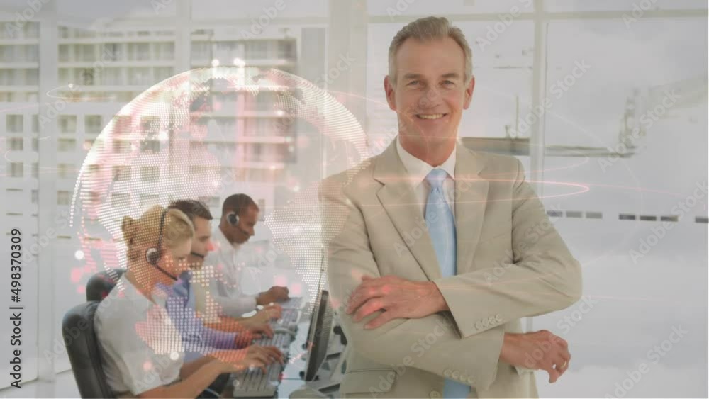 Canvas Prints Animation of globe over business people using phone headsets