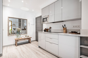 Fototapeta na wymiar Kitchen with gray wooden furniture combined with white stone countertop and small appliances, cabinets, ceramic hob and microwave oven next to the entrance door to a vacation rental apartment