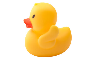 Children hygiene, floating bathtub classic toys and kids fun concept with side view of single old-fashioned yellow rubber duck and no people isolated on white background with clipping path cutout