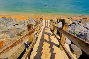 Wooden steps down to the pebbled beach at Beesands