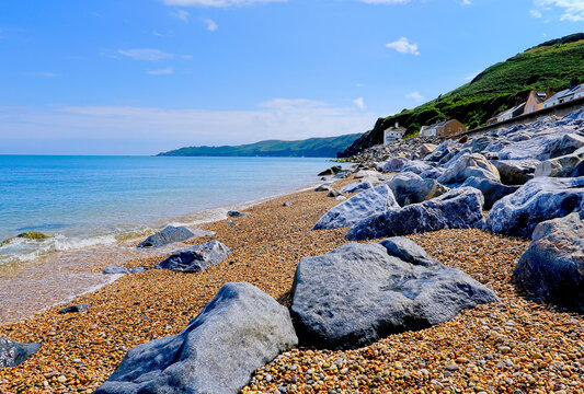 A scenic landscape view of the pebbles and rocks on the beach at Beesands