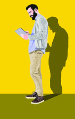 Fototapeta na wymiar Man in a gray suit with yellow pants and brown shoes with a tablet in his hand