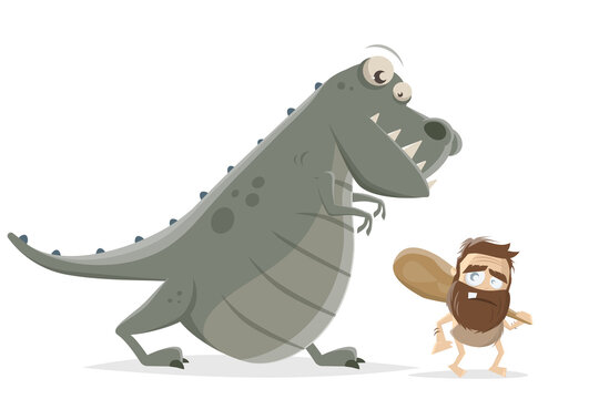 funny illustration of a prehistoric cartoon man with dinosaur