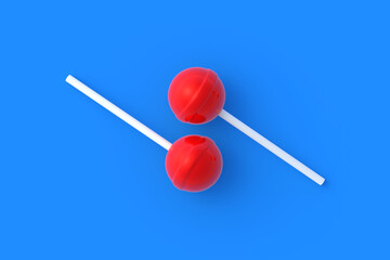 Lollipops on stick on blue background. Sweet candy. Confectionery goods. Top view. 3d render