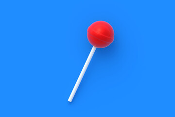 Lollypop on stick on blue background. Sweet candy. Confectionery goods. Top view. 3d render