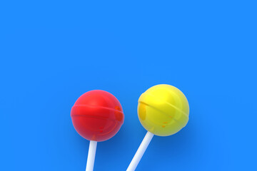 Lollypops on stick on blue background. Sweet candy. Confectionery goods. Top view. Copy space. 3d render