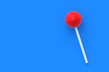 Lollipop on stick on blue background. Sweet candy. Confectionery goods. Flat lay. Copy space. 3d render