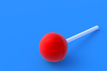 Lollipop on stick on blue background. Sweet candy. Confectionery goods. Copy space. 3d render