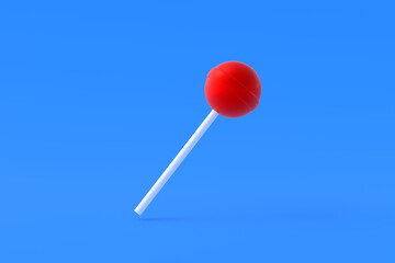 Strawberry lollipop on stick on blue background. Sweet candy. Confectionery goods. 3d render