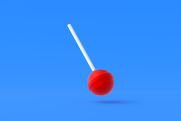 Lollypop on stick on blue background. Sweet candy. Confectionery goods. 3d render