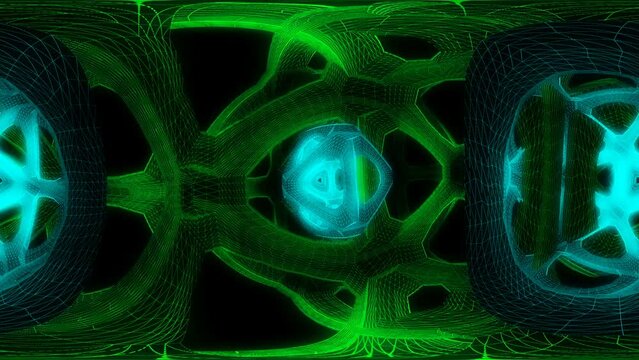Seamless animation of rainbow lowpoly wireframe structure. Metaverse concept. Spherical panorama 360 virtual reality 3D rendering. Equirectangular environment map.