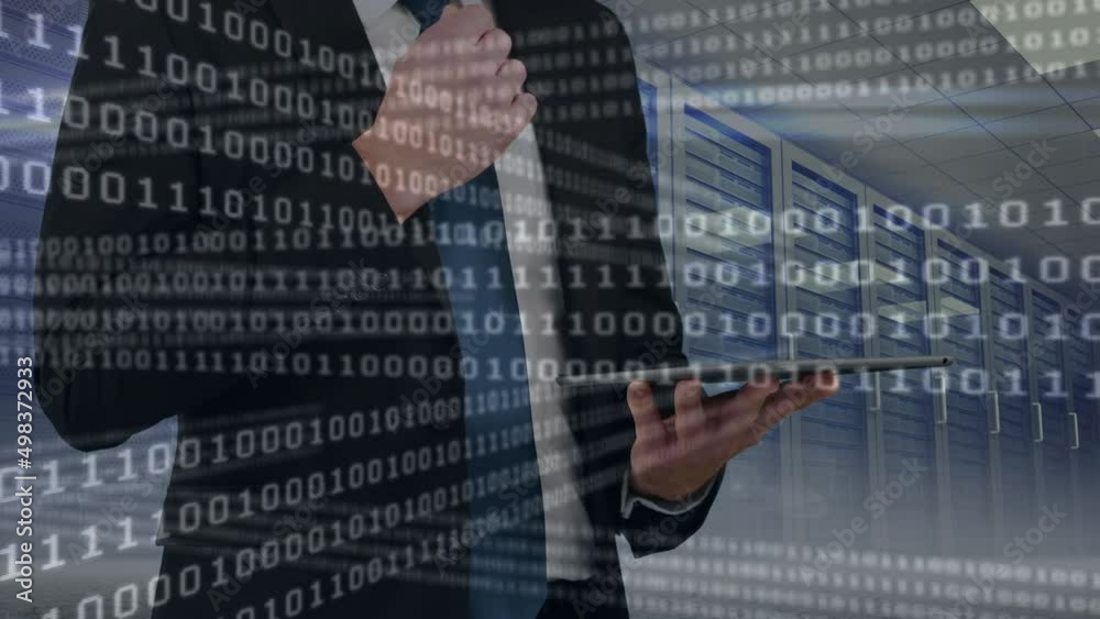 Poster animation of data processing over businessman using smartphone in server room
