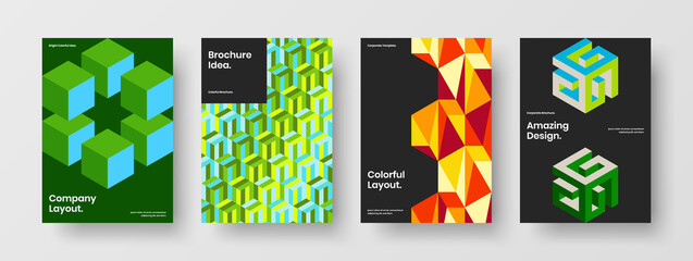 Minimalistic journal cover design vector illustration collection. Clean mosaic shapes company brochure template bundle.