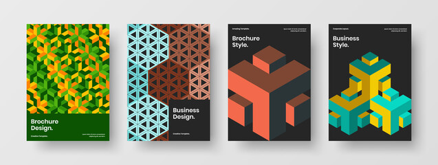 Clean company brochure A4 design vector layout bundle. Trendy mosaic shapes catalog cover concept set.
