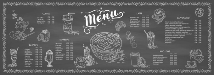Coffee illustration for poster or menu template. Decorative sketch of cup of coffee. Restaurant cafe menu, template design. Food flyer. Vector.