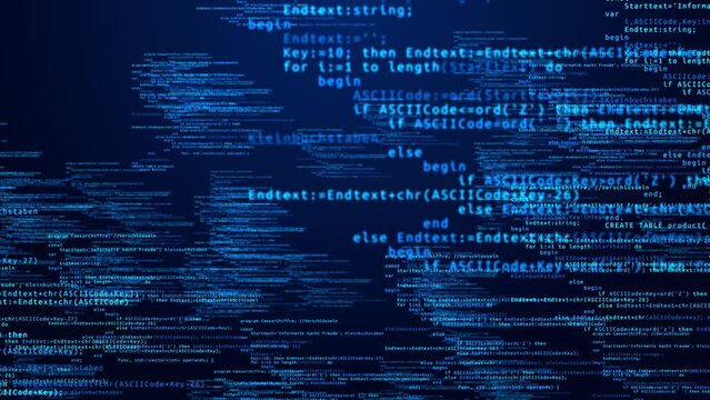 4k Programming code running over computer screen terminal, hacking Animation. software source code to process data. programming code hack. Computer code link to Data analysis. Hacking background
