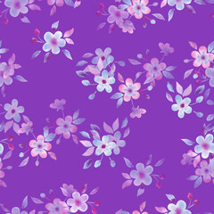 Obraz na płótnie Canvas Beautiful spring watercolor pattern with small flowers. Seamless illustration in vintage style. Pink-blue flowers on a purple background. Apple or cherry blossoms