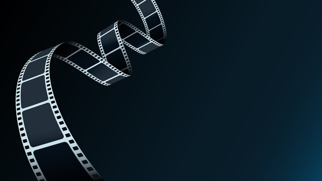 Blue Cinema Background with film reel. Realistic 3D isometric film strip in perspective. Design template film festival for poster, brochure, tickets, flyer with place for your text Movie time concept.