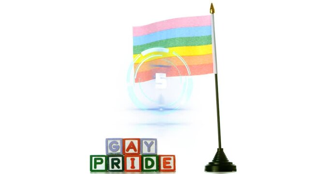 Animation of rainbow flag and gay pride text over white background
