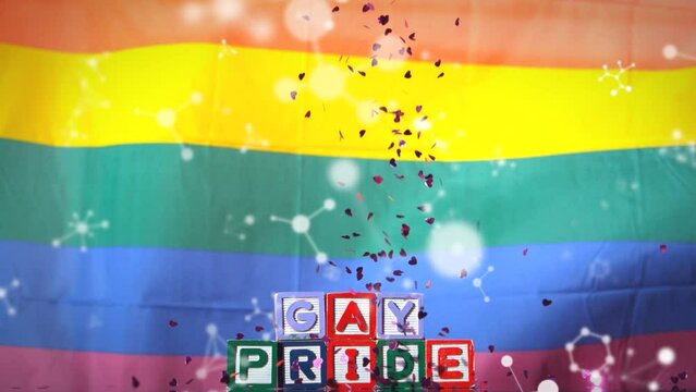 Animation of gay pride text over rainbow lgbt flag