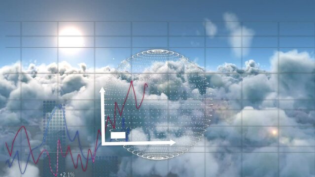 Animation of digital interface over cloudy sky