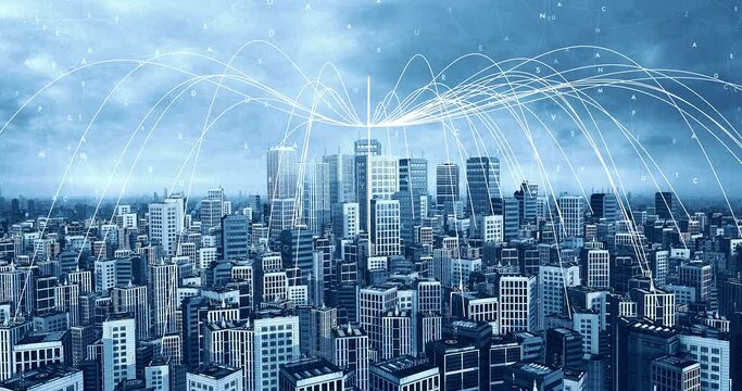 Panoramic Skyline Of A Smart Metropolitan City. Wireless 5G Internet Network. Technology Related 3D Animation.