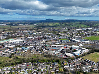 Fototapeta na wymiar Aerial photo of Ballymena Industrial and Residential areas St Patricks Slemish Mountain in background Antrim N Ireland