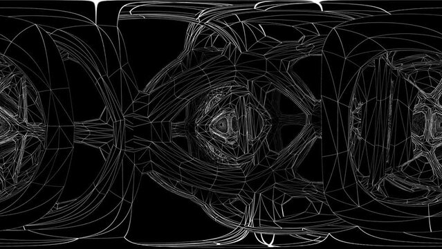 Seamless animation of lowpoly wireframe structure. Metaverse concept. Spherical panorama 360 virtual reality 3D rendering. Equirectangular environment map.