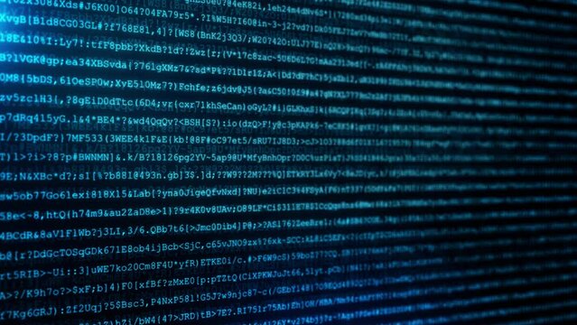 Abstract loop animation of Programming code running through computer screen terminal Screen display. Block chain network and program code screen scrolling binary code concept background.