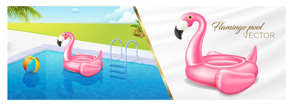 Vector realistic 3d pink flamingo, pool, beach ball, tropical bird shape inflatable swimming pool ring, tube, float. Summer vacation vacation rubber object, travel, beach ocean Illustration