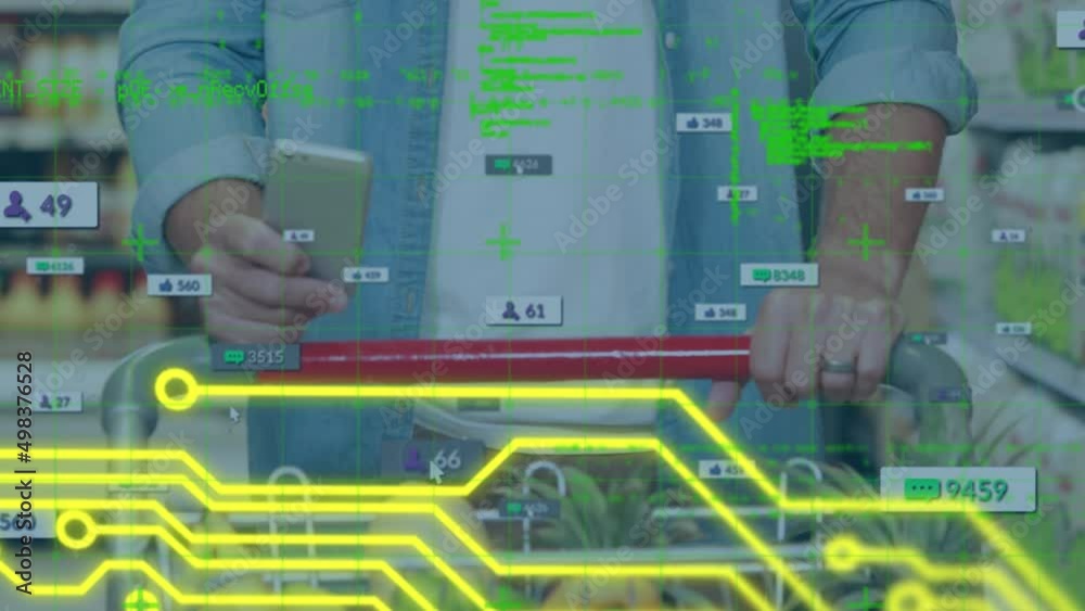 Poster animation of data processing and yellow lines over caucasian man using smartphone