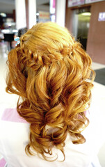 female hairstyle from behind, styling in the form of a braid, close-up on a white background