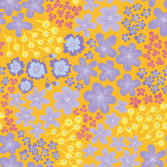 Fototapeta na wymiar A simple cute pattern of small yellow, pink, lilac, blue flowers on a dark yellow background. Modern vector floral texture. Summer meadow in bright colors. Seamless pattern for fashionable prints