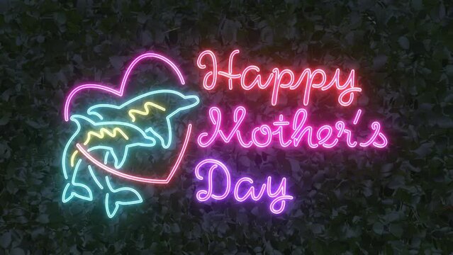 Mother's day tropical neon sign greetings with a shrub background