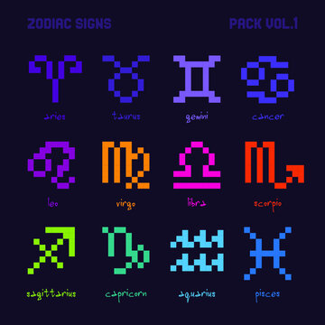 Vector pixel zodiac signs set