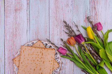 Traditional Pesach celebration Jewish holiday of kosher matzah unleavened bread for the ceremony...