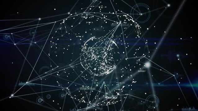 Animation of network of connections and icons over dark background
