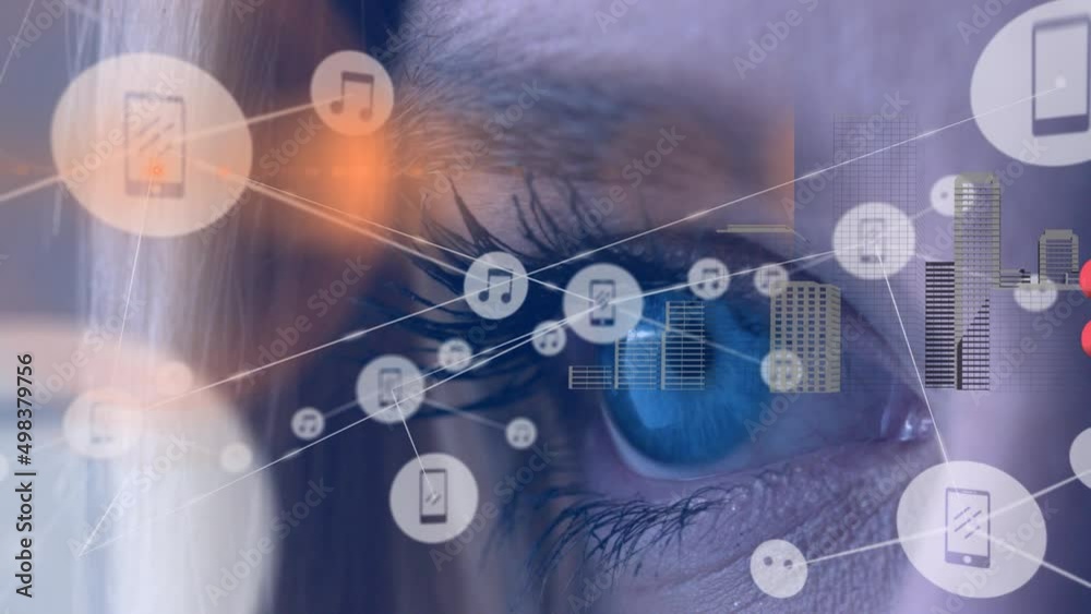 Poster animation of network of connection with icons and data processing over caucasian woman's face